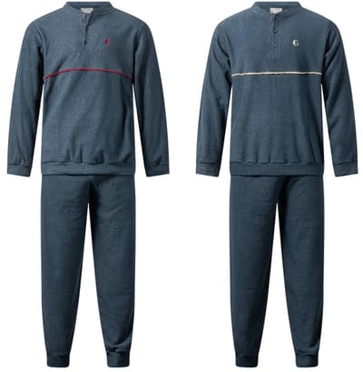 2 heren pyjama's van Gentlemen - warme winter heren pyjama 114314 - aangeruwd badstof extra zacht - donkerblauw met beige en rood - S