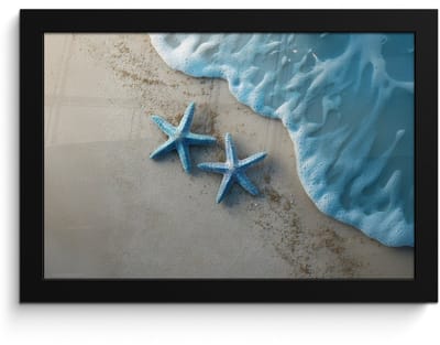 Poster in lijst - Fotolijst 30x20 cm - Posters - Zeesterren - Zand - Zee - Blauw - Posterlijst zwart - Decoratie - Wanddecoratie woonkamer - Muurdecoratie slaapkamer