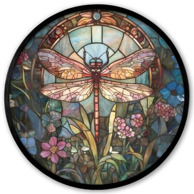 Poster in lijst Rond - Fotolijst 40x40 cm - Posters - Libelle - Mozaïek - Bloemen - Kleurrijk - Ronde posterlijst zwart - Decoratie - Wanddecoratie woonkamer - Muurdecoratie slaapkamer