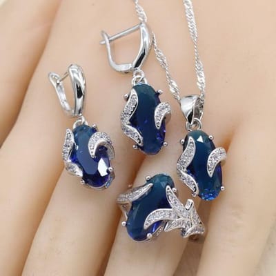 Ovale Koningsblauwe Semi-Edelsteen Dames Kleur Sieradensets Met Armband Ketting Hanger Oorbellen Ring Verjaardagscadeau dark blue&6 gray