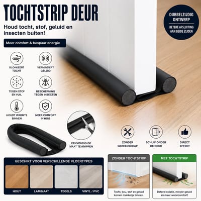 Tochtstrip Deur – Deurafdichting tegen Tocht, Geluid & Stof – Dubbele Tochtstopper voor Binnen Deuren – Zwart