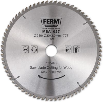 FERM - MSA1027 - Zaagblad - 250x30/16mm - T72 - TCT tanden - Diameter: - 250mm - Asgat: - 30mm - 16mm - Universeel - Voor het zagen van - Hout - Zeer geschikt voor - TSM1033 - TSM1034 - TSM1030 - Zaagtafel