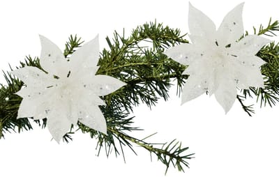 Cosy & Trendy Decoratie bloem - 2x stuks - kerstster - op clip - wit - glitter -15 cm - kunststof - kerstversiering