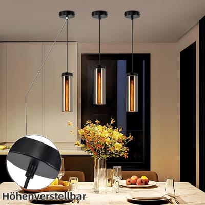 Glitzerlife - Hanglampen - Vintage glazen pendellamp - 1xE27 - verstelbare hoogte - cilindrische lampenkap van rookglas - Ø10cm - rookgrijs - hanglamp eetkamer woonkamer keuken