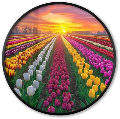 Poster in lijst Rond - Fotolijst 60x60 cm - Posters - Tulpenveld - Zonsondergang - Kleurrijk - Ronde posterlijst zwart - Decoratie - Wanddecoratie woonkamer - Muurdecoratie slaapkamer