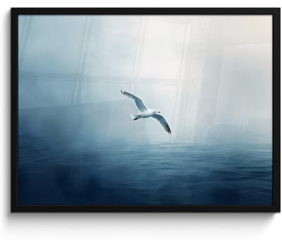 Poster in lijst - Fotolijst 70x50 cm - Posters - Meeuw - Wit - Zee - Mistig - Posterlijst zwart - Decoratie - Wanddecoratie woonkamer - Muurdecoratie slaapkamer