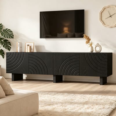 REDOM - Tv-Meubel - 4 Deuren - Gestructureerd Front - Modern - Voor Woonkamer - Spaanplaat - Zwart - 180 X 40 X 55 Cm