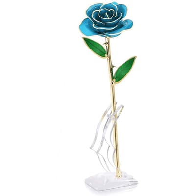 Langstelige Gedipte 24k Gouden Roos in Geschenkdoos met Standaard (Lichtblauwe Roos met Standaard)