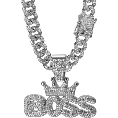Heren Coole Hip-hop Strass Letter BOSS Hanger Ketting, Voor Heren Mode Iced Out Bling Zirkoon Cubaanse Dikke Ketting Punk Sieraden gray