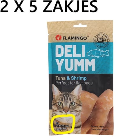 Flamingo hapki DELI YUMM kattensnacks ** 2 X 5 ZAKJES VAN 14 GR = 140 gr - glutenvrij - geen toegevoegde suiker - ook ideaal op likmat . verwennerij