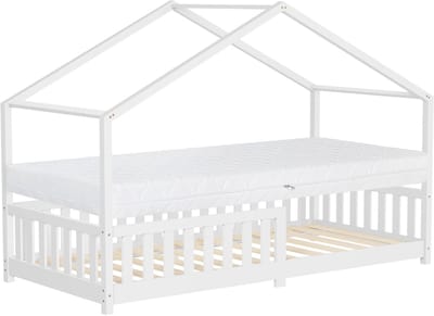 Kinderbed Huisbed 90x200 cm wit gemaakt van dennenhout met matras H:16cm uitvalbescherming en lattenbodem ML-Design
