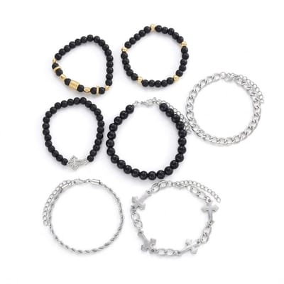 7-delige heren armbanden set – kralenarmbanden en schakelkettingen – zwart met goud- en zilverkleurige accenten – kruisbedels