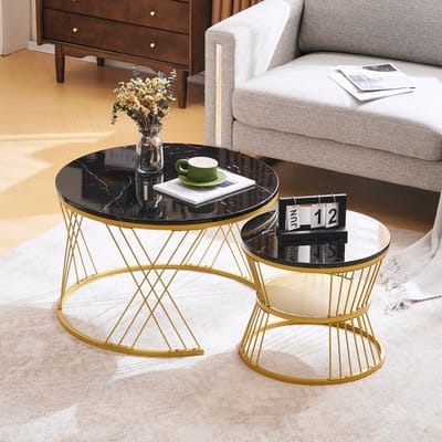 MODENUIT Salontafelset - Ronde Nesttafels Met Hoogglans Marmerpatroon - MDF En Metaal - 70x70x47 En 45x45x40 Cm