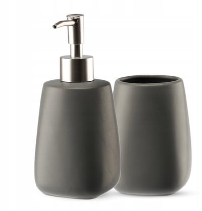 KADAX 2-delige badkamerset van keramiek, badaccessoires, badkameraccessoires, zeepdispenser, badkamerbeker, zeepschaal en wc-borstel (beker en dispenser antraciet), K8180, Beker & Spander Antraci
