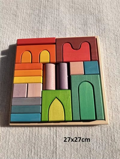 Houten blokken in tray - Regenboogkleuren - 22 blokken, 1 tray - 27 cm x 27 cm - Open einde speelgoed - Educatief montessori speelgoed