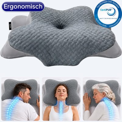 Rustiva® Vlinderkussen tegen Nekklachten – Orthopedisch Ergonomisch Hoofdkussen – 2 Hoogtes 12 & 14 cm – Verkoelend Memory Foam – Voor Rug-, Zij- en Buikslapers – Apneu Slaapkussen
