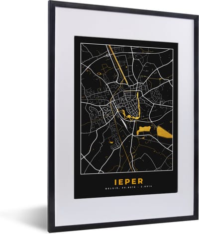 Fotolijst incl. Poster - Ieper - Plattegrond - Kaart - Stadskaart - Goud - 30x40 cm - Posterlijst