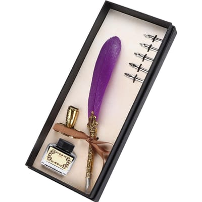 Kielpen Set Vintage Inkt Gesneden Metalen Pen Schrijfpak voor Zakelijk Cadeau TafeldecoratieSky donkerpaarse kleur