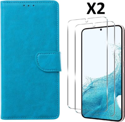 Hoesje Geschikt Voor Samsung Galaxy S23 Plus Hoesje met Pasjeshouder - bookcase – Met 2x Screenprotector / gehard glas – Blauw