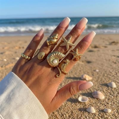 Ensemble de Bagues Étoile de Mer Coquillage Chunky Exagéré Pour Femmes Bague de Doigt Surdimensionnée Perle Strass Bijoux d'Été Plage Vacances Océan