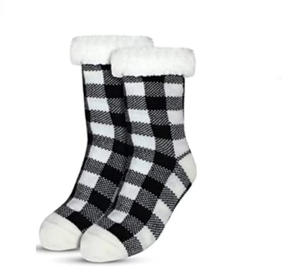Budino® Huissokken - Verwarmde sokken - Antislip Sokken - Warme Sokken - Dikke Sokken - Anti Slip - Fluffy Sokken - Dames en Heren - Geruit wit