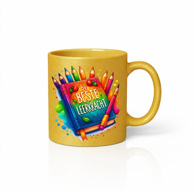 Beste Leerkracht Mok 330ml – Gouden Glitter Koffiemok met Kleurrijk Potloodontwerp – Perfect Bedankcadeau voor Leerkrachten