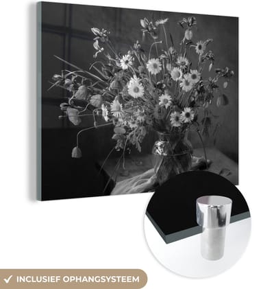 MuchoWow® Glasschilderij 160x120 cm - Schilderij acrylglas - Boeket - Bloemen - Olieverf - Stilleven - Zwart - Wit - Foto op glas - Muurdecoratie woonkamer - Wanddecoratie slaapkamer - Schilderijen