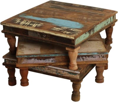 Bijzettafel - Indiase tafel - Decoratief gebruik - Handgemaakt oud hout - 46 x 46 x 18 cm - Houtkleuren