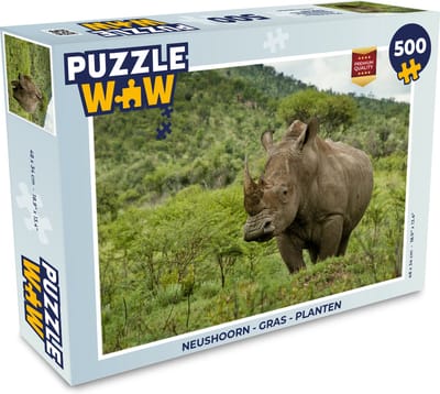 Puzzel Neushoorn - Gras - Planten - Legpuzzel - Puzzel 500 stukjes