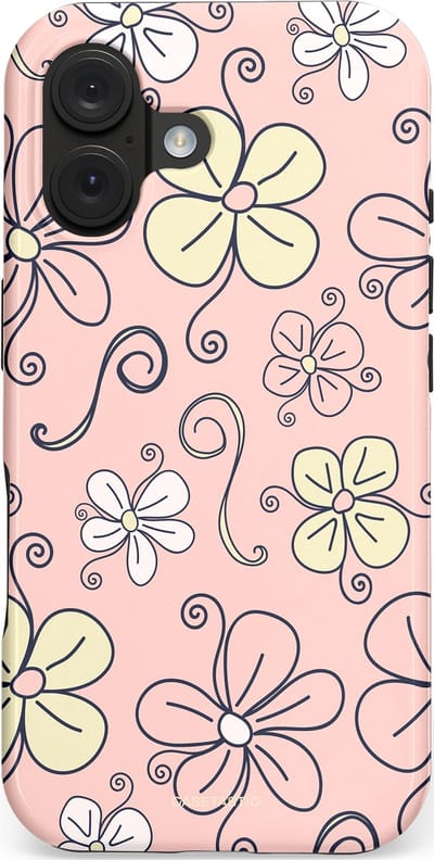 Casetastic hoesje geschikt voor Apple iPhone 16 - MagSafe - Dubbellaagse bescherming - Pastel Perzik Doodle Peach Bloemen - Fashion Case - Zand Zilver Lichtroze