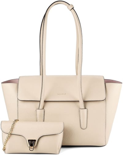 COCCINELLE Leren shopper schoudertas Double Beat Grained Leather Handbag Sandshell beige