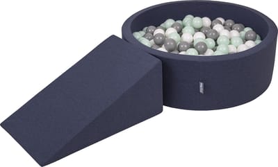 KiddyMoon Speeltoestel met ramp Ballenbad - 7cm 100 Ballen - Ballenbak ballen voor baby's - Ballenbak schuim voor kinderen - Speelbad - Donkerblauw: Wit Grijs Munt