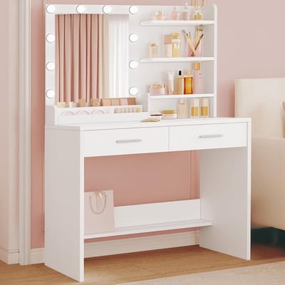 Kaptafel met Spiegel - Make-up Tafel - Slaapkamer Inrichting - Geïntegreerd Verlichting - 90cm Breed - Wit