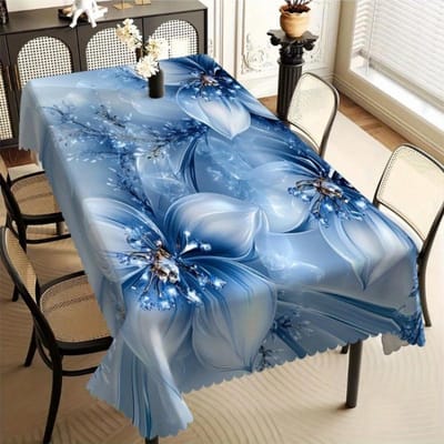 Elegante Blauwe Bloemenprint Tafelkleed, Abstract Lelie Ontwerp met Golvende Rand, Vlekbestendig voor Eetkamer & Romantische Decoratie 100x140cm