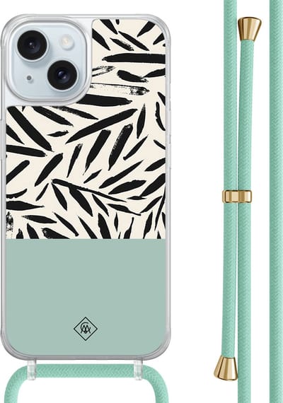 Casimoda® hoesje met mintgroen koord - Geschikt voor iPhone 15 - Abstract Mint Palms - Afneembaar koord - TPU/acryl - Mint