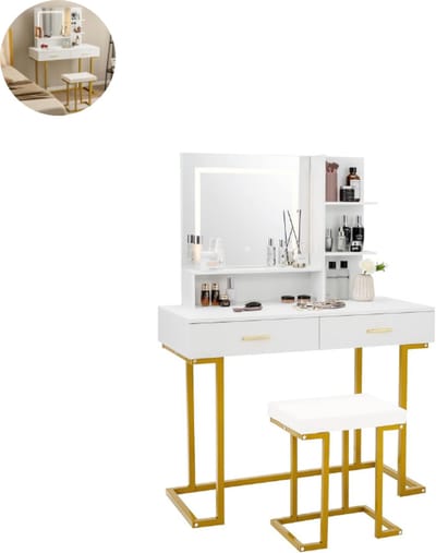 Kaptafel met spiegel en verlichting - Make up tafel - Make up - Toilettafel - Met lades - Wit