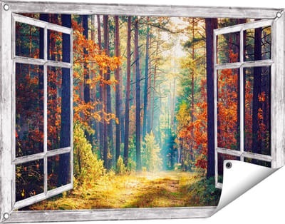 Gards Tuinposter Doorkijk Herfstbos met Zonneschijn - Kleur - 90x60 cm - Tuindoek - Tuindecoratie - Wanddecoratie buiten - Tuinschilderij