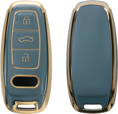 kwmobile autosleutel hoesje geschikt voor Audi A6 A7 A8 Q7 Q8 E-Tron 3-Knoppen Autosleutel Keyless hoes - TPU autosleutel behuizing - Beschermende auto sleutel case - Sleuteletui in blauw / goud