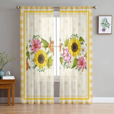 Pastorale Zonnebloem Ruit Transparante Raamgordijnen Voor Woonkamer Keuken Kinder Slaapkamer Voile Hanggordijn 135W x 114H(cm) white