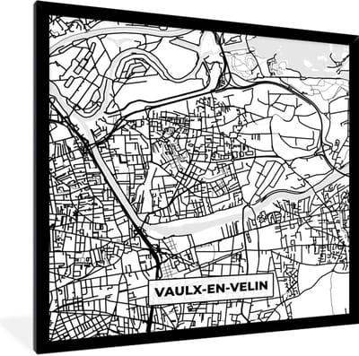 Fotolijst incl. Poster Zwart Wit- Frankrijk - Kaart - Plattegrond - Stadskaart - Vaulx-en-Velin - Zwart wit - 40x40 cm - Posterlijst