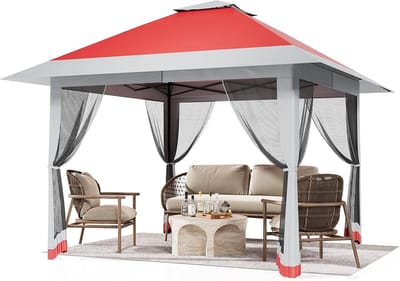 Pop-up tuintent 4x4 m rood, dubbel dak met muskietennet, in hoogte verstelbaar, UV- en weerbestendig, stevige overkapping voor tuin, terras, strand en kamperen
