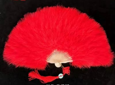 Hand waaier – Groot – Dubbelzijdige -Echte Marabou Veer - Kleur Rood - L 28 * Br 48 cm - Theater - Vintage Stijl – Themafeesten – Kamerdecoratie -opvouwbaar - Kant Kwastje Cheongsam.
