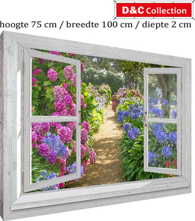 Canvas voor buiten doorkijk venster - om houten frame gespannen - 100x75x2 cm - doorkijkposter - Wit luxe venster hortensia tuinpad - tuin decoratie - tuinposters buiten - tuinschilderij