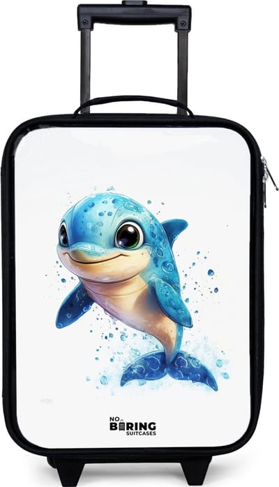 NoBoringSuitcases.com® - Kinderkoffer jongen - Kindertrolley meisje - Blije dolfijn met waterdruppels op wit - Koffer kind lichtgewicht - Reiskoffer trolley voor kinderen - Koffertje met lichtgevende wieltjes - Rolkoffer zwart