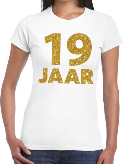 19 jaar goud glitter verjaardag t-shirt wit dames - verjaardag shirts XS