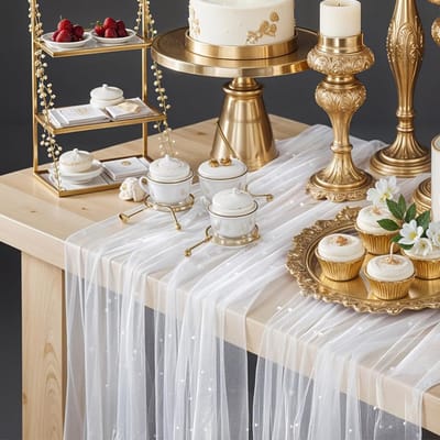 Dailygoods- Tafelloper 300 x 80 cm - Wit Tule met Parels - Tafeldecoratie Bruiloft - Tafeldecoratie Verjaardagsfeest - Elegant Lichtspel - Zorgvuldig Vakmanschap - Tafelkleed
