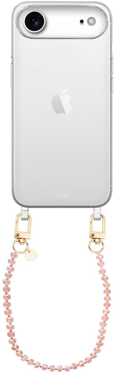 xoxo Wildhearts siliconen hoesje geschikt voor iPhone 17 Air hoesje - Crystal (Roze) - Telefoonhoesje - Hoesje met koord - Kristal ketting - Kristallen met gouden details - kort telefoonkoord - Transparant hoesje