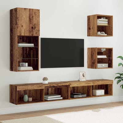 vidaXL - TV - wand - eenheden - met - LED - 5 - st - Oud - Hout - 100 - x - 30 - x - 30 - cm