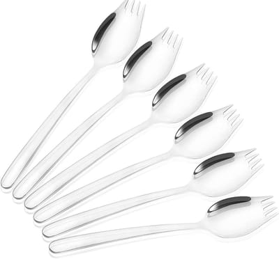 Set van 6 RVS 2-in-1 Reislepel en Vork, Ideaal voor Salades, Fruitsalades en Vleesgerechten