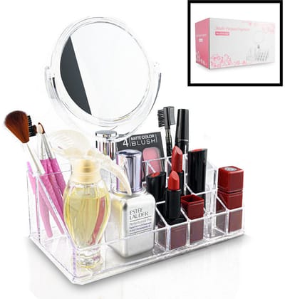 Make up Organizer met 15 Vakken & Spiegel - Makeup Organizer Transparant - Sieraden - Make-up - Cosmetica - Opbergdoos